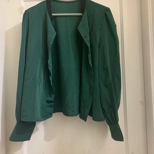 Shein Dark Green Long Sleeve Lace trim collar blouse - pre-owned, size large